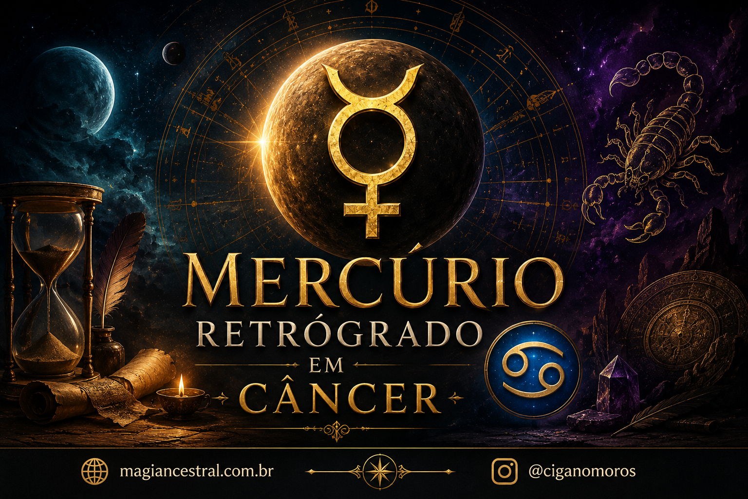 Mercúrio Retrógrado em Câncer com símbolo de Mercúrio e signo de Câncer em fundo cósmico.