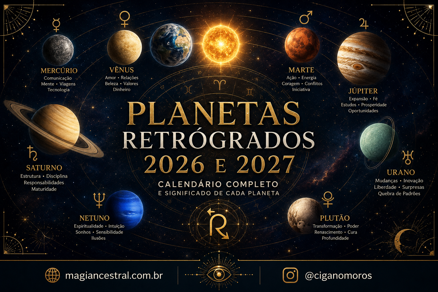 Calendário dos planetas retrógrados de 2026 e 2027 com símbolos astrológicos e signos do zodíaco.